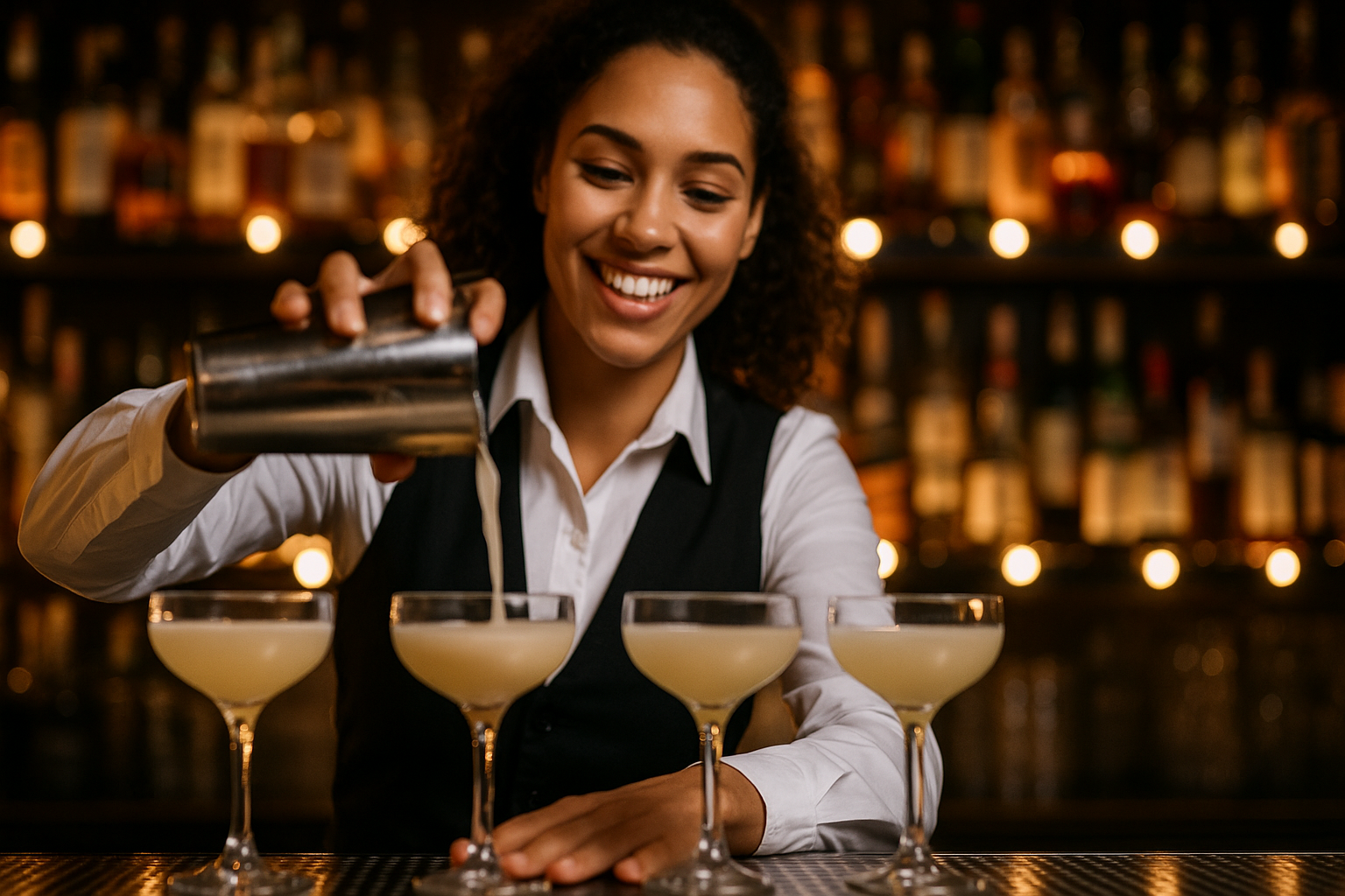 Bartender pouring four coupe cocktails